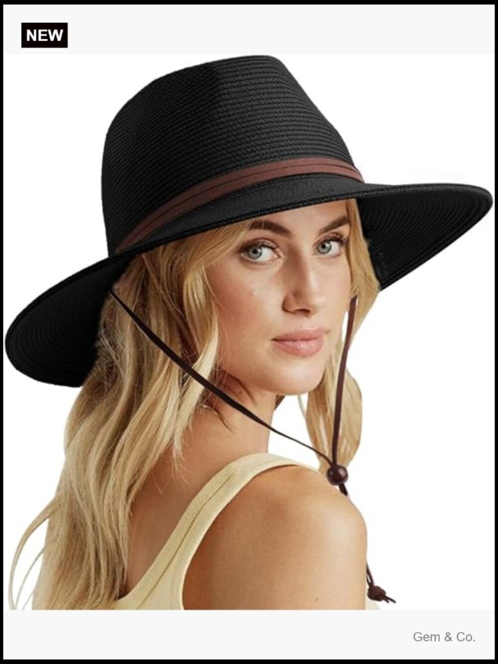 Wide Brim Straw Sun Hat with Chin Strap UPF 50+